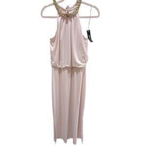 Petal pink midi dress draped bodice and gold link halter neck new with tags